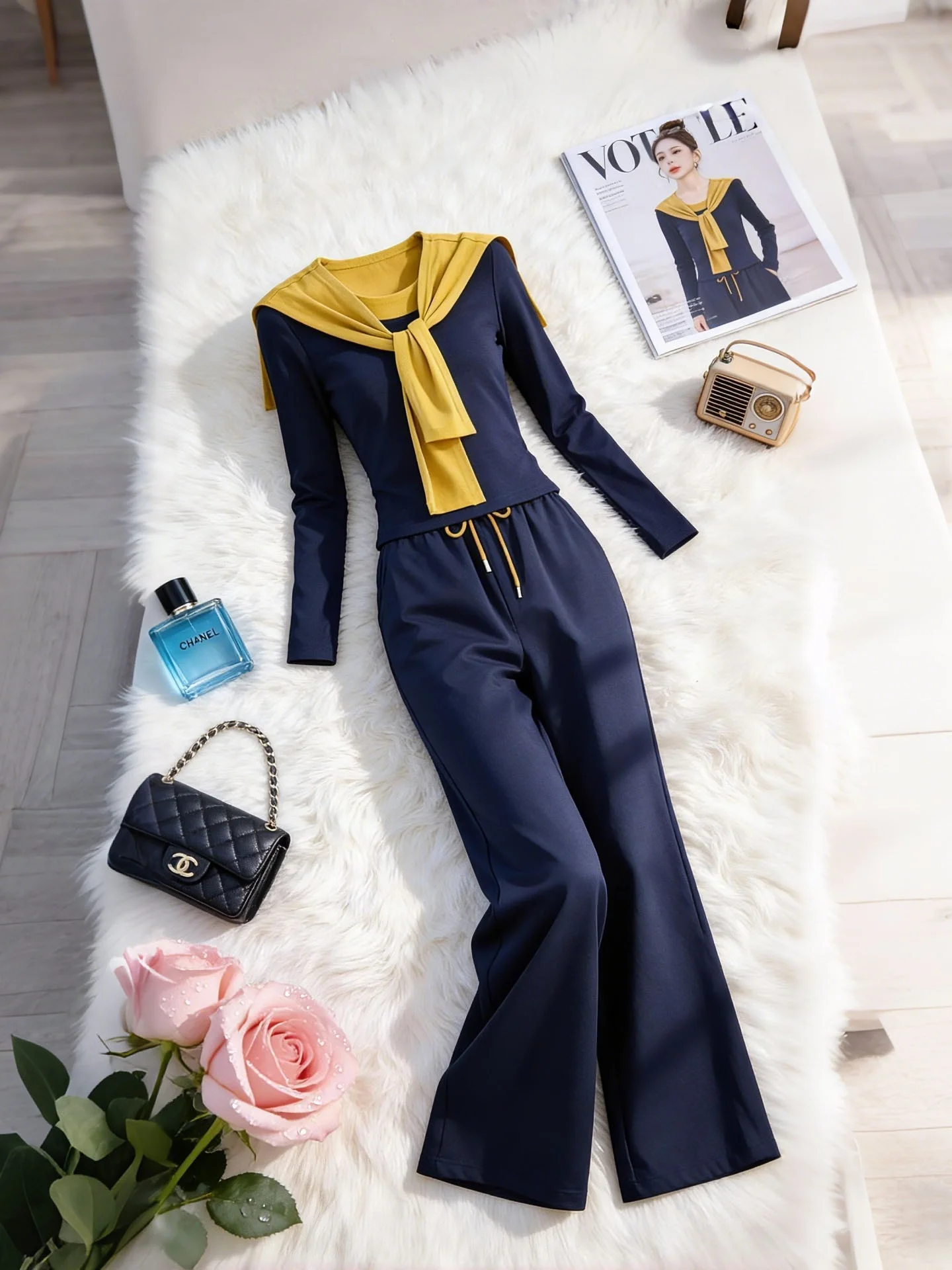 

Spring Fashion Set Casual Women's Base Layer Top Bottoms Two-Piece Suit Versatile Wide Leg Pants Spring Workwear Ensemble