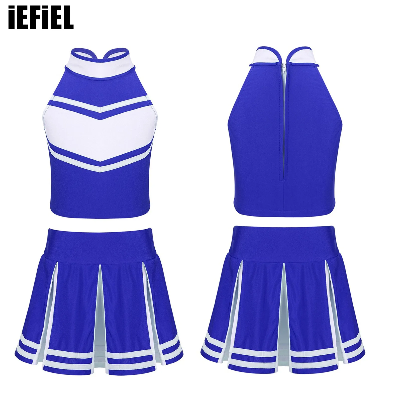 Kids Girls Cheering Team Performance Outfit Sleeveless Zippered Tops with Pleated Skirt Set for School Stage Cosplay