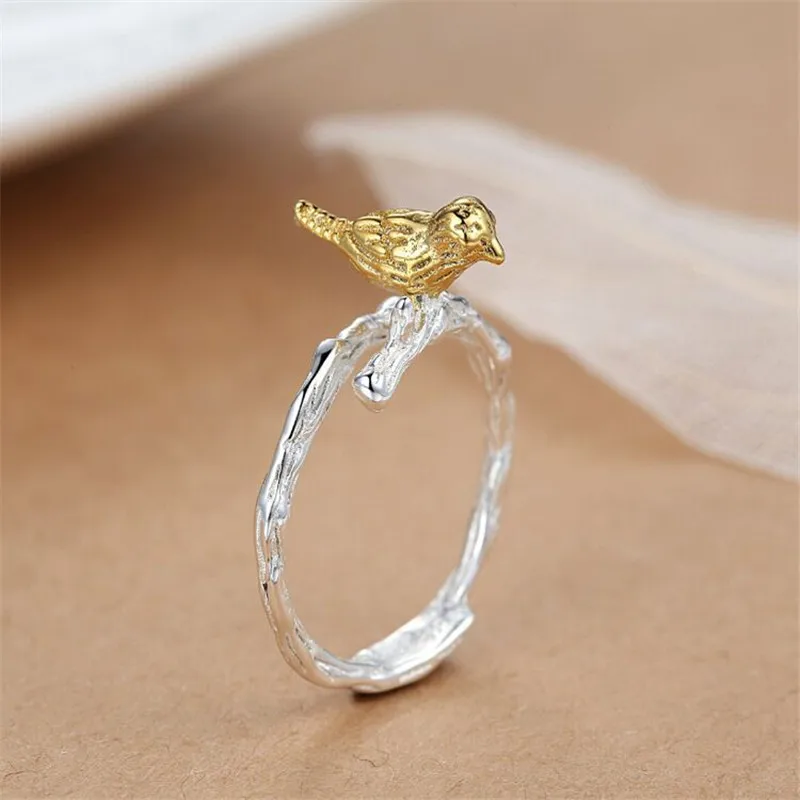 New Arrival Pure 925 Sterling Silver Tree Branch Golden Birds Open Rings For Women Female Anti-Allergy XR050