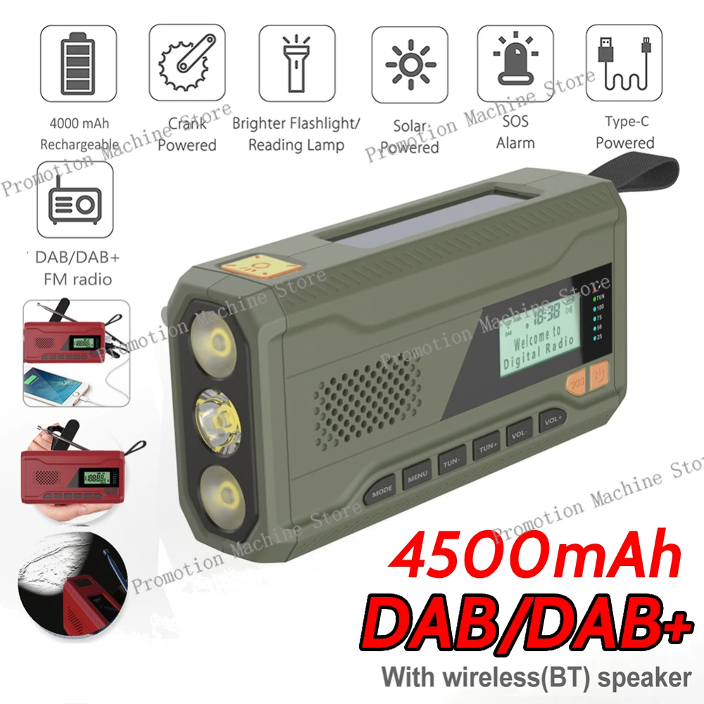 Portable DAB FM Radio with Flashlight BT Speaker 4500mAh Weather Emergency Radio Hand-cranked/USB/Solar Rechargeable Radio