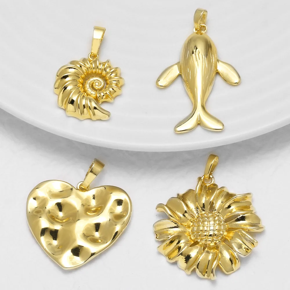 OCESRIO Trendy Big Conch Heart Pendant for Necklace Copper Gold Plated Whale Flower Handmade Jewelry Making Component pdta303