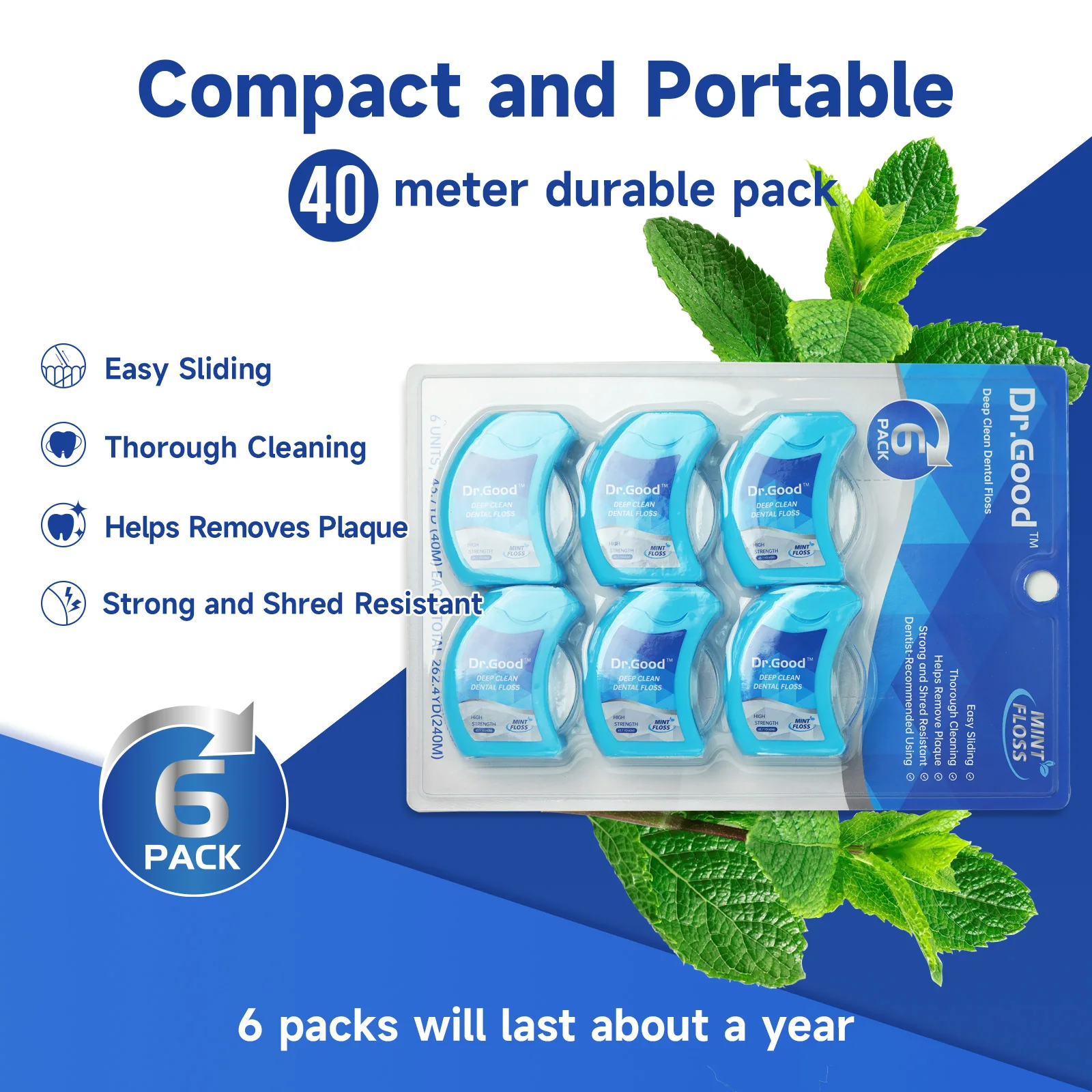 6 paquetes de hilo de menta, paquete duradero de 40 metros, hilo dental liso