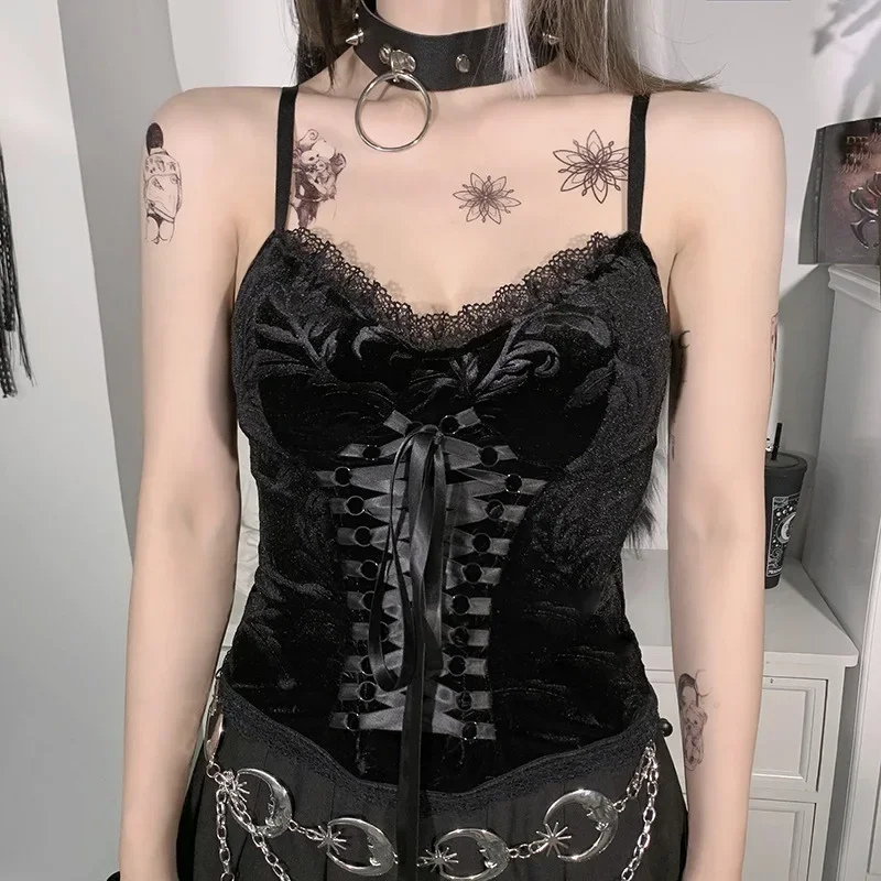 Goth Lace Up Black Camisole for Women, Vintage Bandage, Velvet Corset, Aethetic Lace Trim, Sexy Backless, Basic Camisole