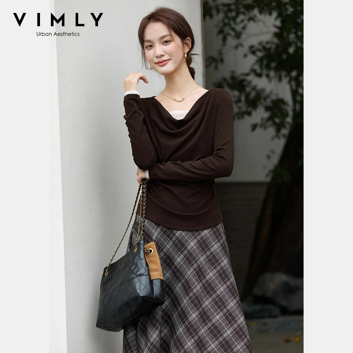 

VIMLY женские коричневые трикотажные футболки, повседневные кружевные футболки с круглым вырезом, осень 2022, элегантные облегающие эластичные женские топы A3360