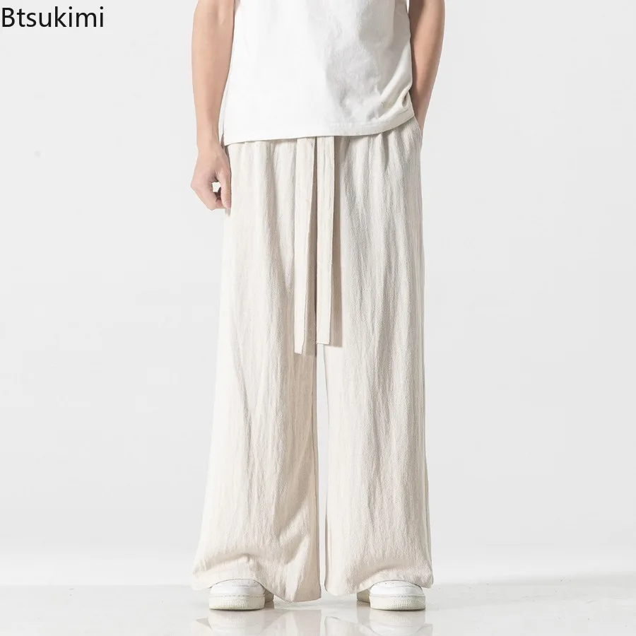 New Men's Vintage Cotton Linen Casual Pants Fashion Harajuku Loose Wide Leg Pants Chinese Style Men Sport Trousers High Quality