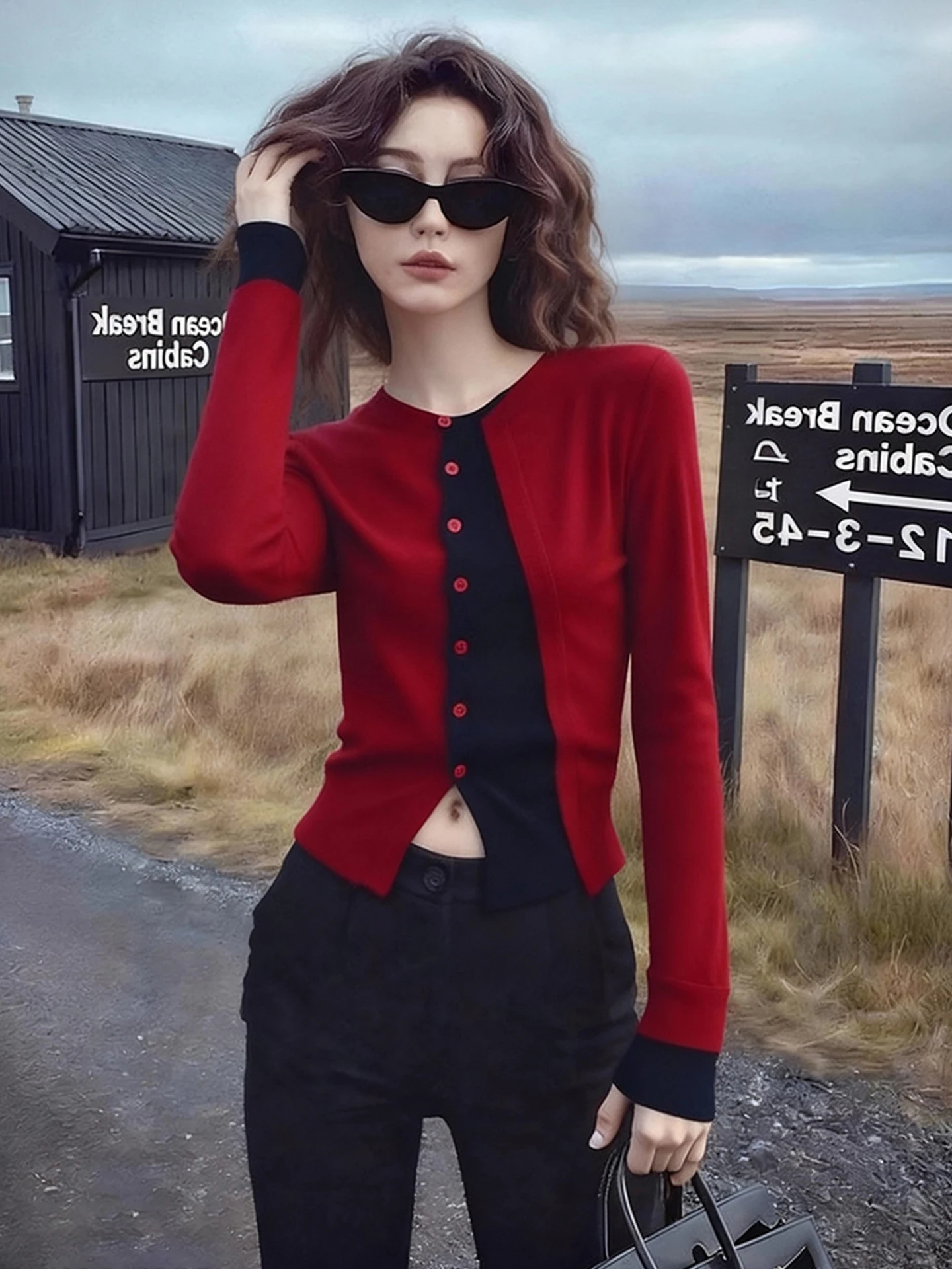 Rouge tricoté longue Sve Base irt bouton unique conception hiver nouvel an Faion coupe ajustée trajet Sle Version coréenne tricots