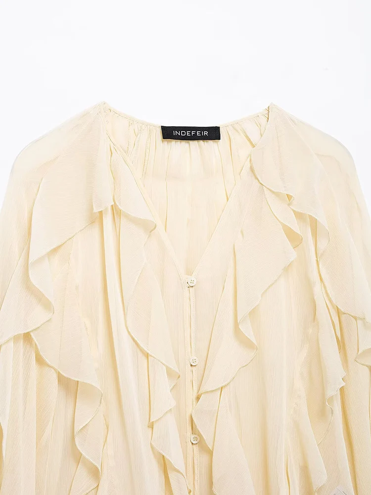 KUCLUT Camicetta monopetto con volant tinta unita moda donna Camicie da donna chic con scollo a V vintage a maniche lunghe