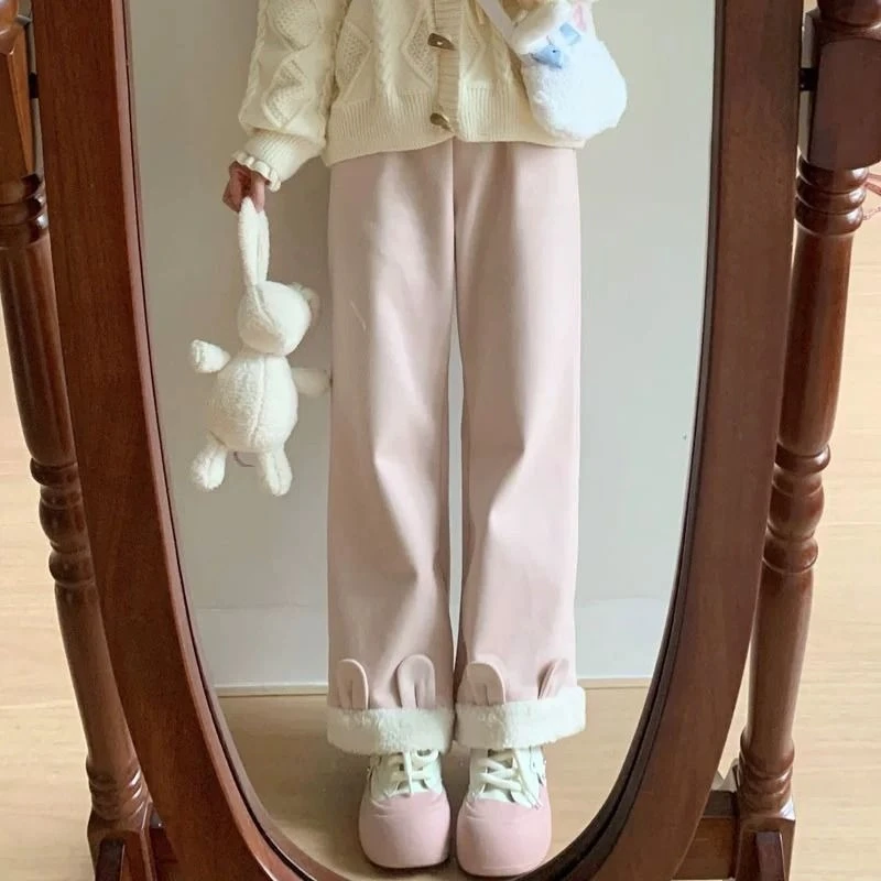 Sweet Kawaii Pants Women Fluffy Animal Ears Decoration Casual Trousers Y2K Sweet Aesthetic Harajuku Subculture Autumn Pants