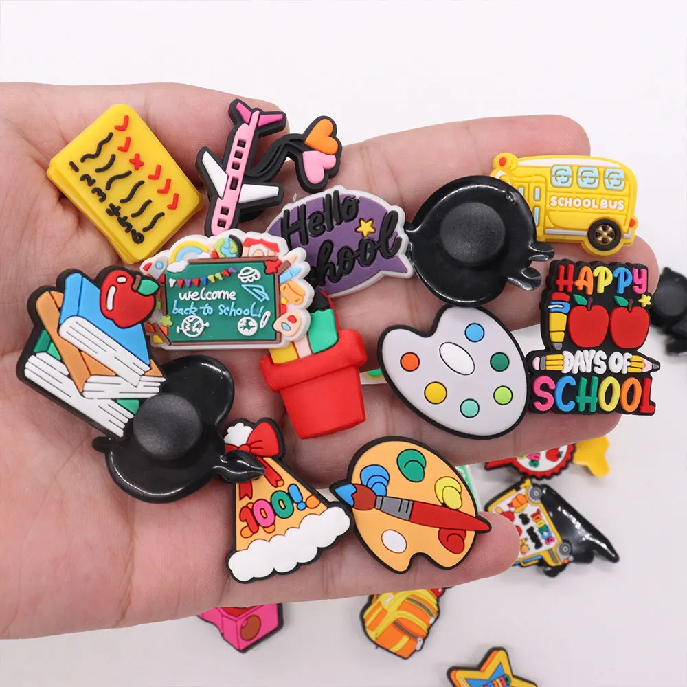 Sell Retail 1pcs PVC Shoe Charms Schoolbag Notebook Pencil Eraser Alarm Clock Accessories Shoes Buckles For Kids Party Present