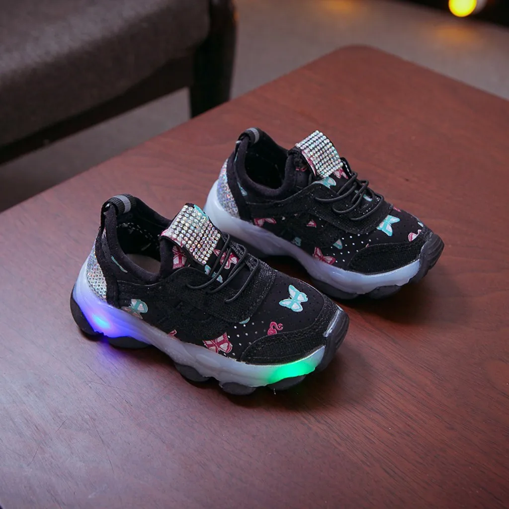 Lente Herfst Mode Lichtgevende Kinderen Led Sneakers Voor Meisjes 2024 Nieuwe Peuter Casual Diamanten Prinses Vlinder Sneakers