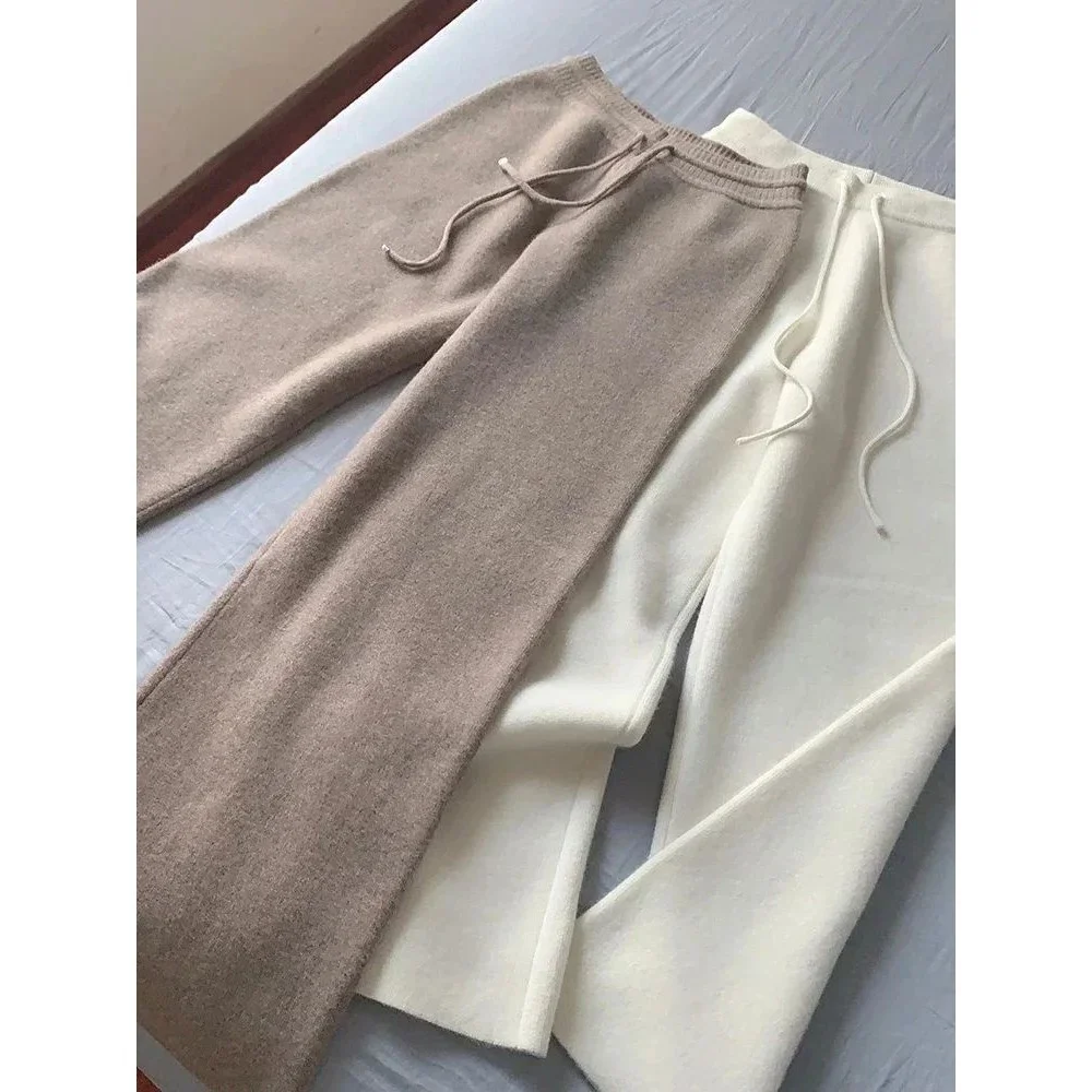 

Шерстяные вязаные брюки с высокой талией и широкими штанинами свободного кроя для женщин среднего возраста, осенне-зимняя новинка, повседневные, элегантные