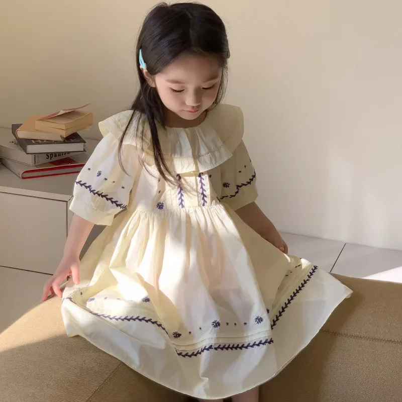 Retro Embroidery Kids Dresses Korean Style Loose Elegant Girls Casual Dress Puff Sleeve Spring Summer Children Clothes