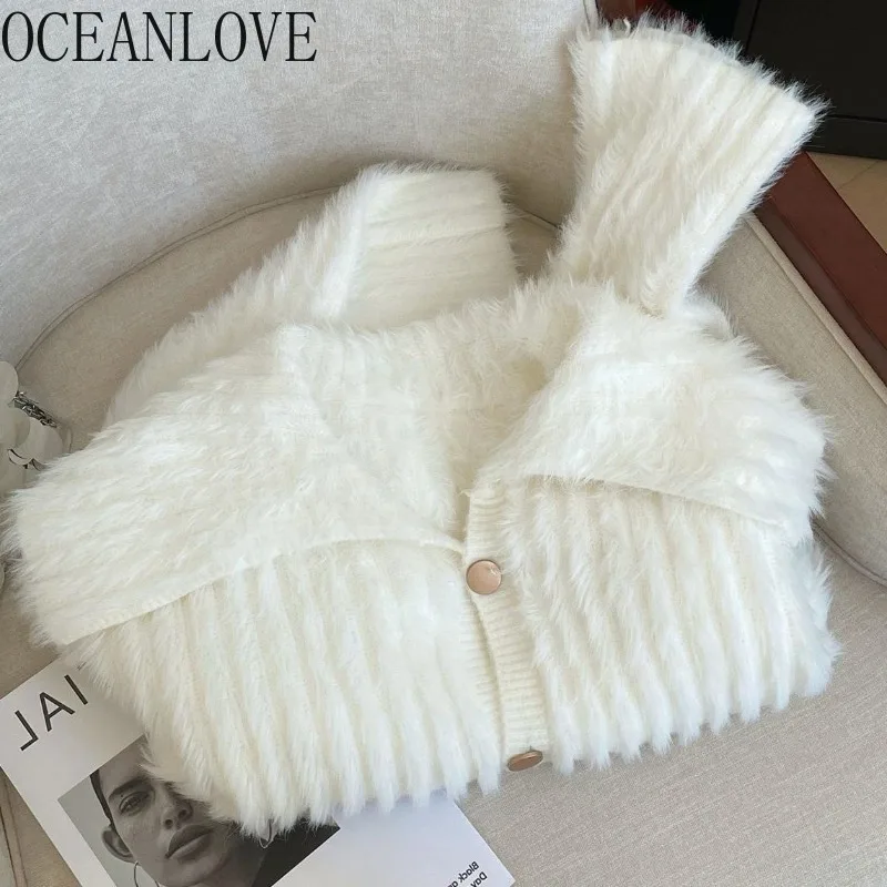 OCEANLOVE Autumn Winter Cardigans Solid Mink Cashmere Thick Warm Sweet Women Sweaters Korean Fashion Retro Sueter Mujer