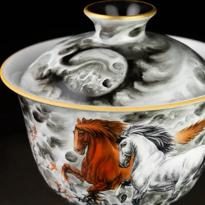 Holy Mountain Jingdezhen Hand-Painted Pastel Horse Painting Ink Color Chinese Style Ceramic Gaiwan Set Tea Cup