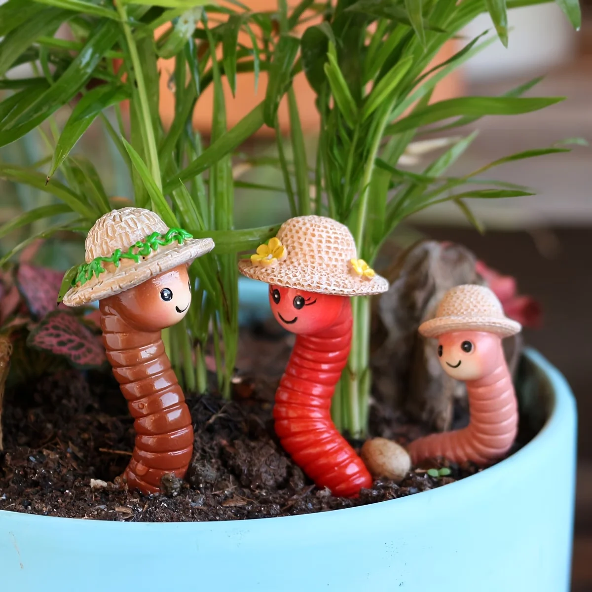 3-teiliges Niedliches Regenwurm-Figurenset, Cartoon-Wurm-Statue aus Harz, Pflanzentopf-Bonsai-Deko, Garten-Mikrolandschaft-Ornament