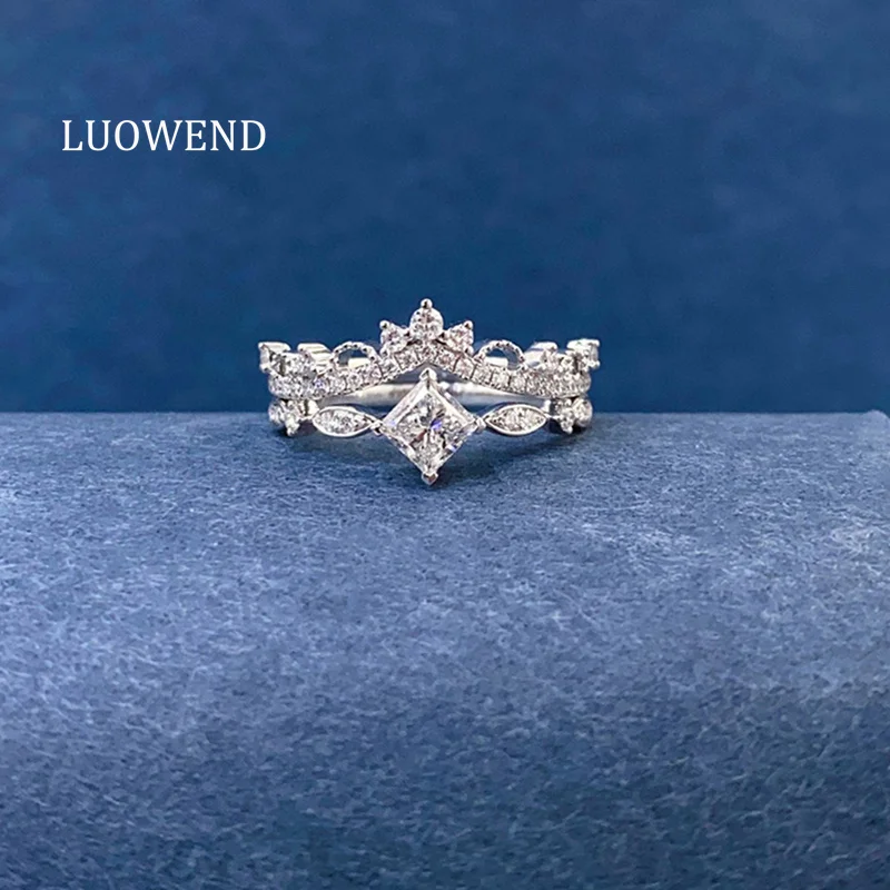 LUOWEND 100% 18K White Gold Rings Double Ring Style Crown and Square Design Real Natural Diamond Engagement Ring for Women