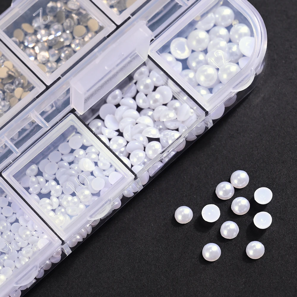 12 Grids Mixed White Pearls Clear Rhinestone for Nail Art Decoration 1.5-4mm Multi Size Half Round Pearls Manicure Accessories