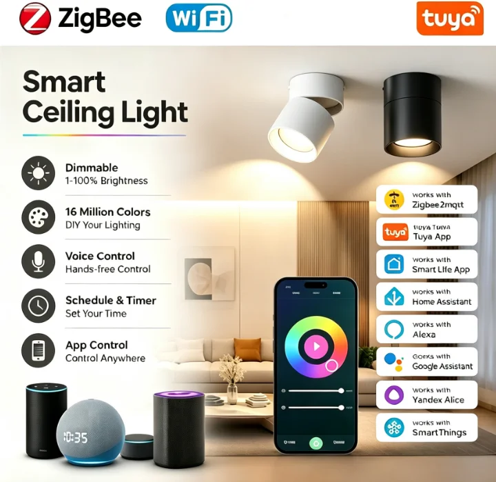 tuyaスマート折りたたみ式cobチューブライト、360度調整可能な角度、wifi-zigbee搭載の高効率スマートチューブライト