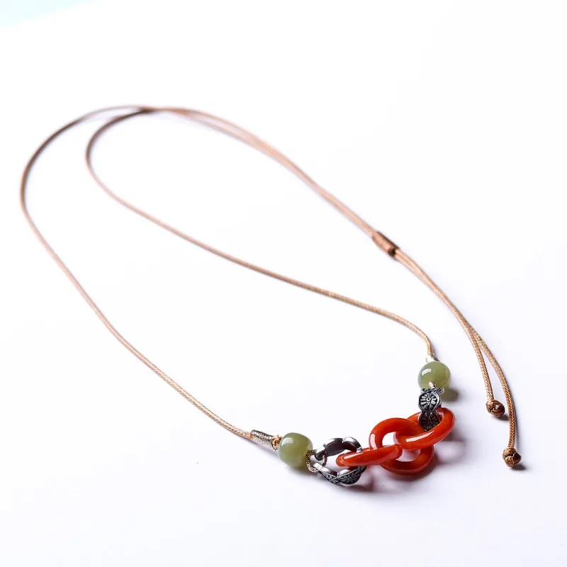 Handwoven Natural Red Jadeite 925 Silver Hetian Jade Necklace New Chinese Style Clavicle Chain Gifts