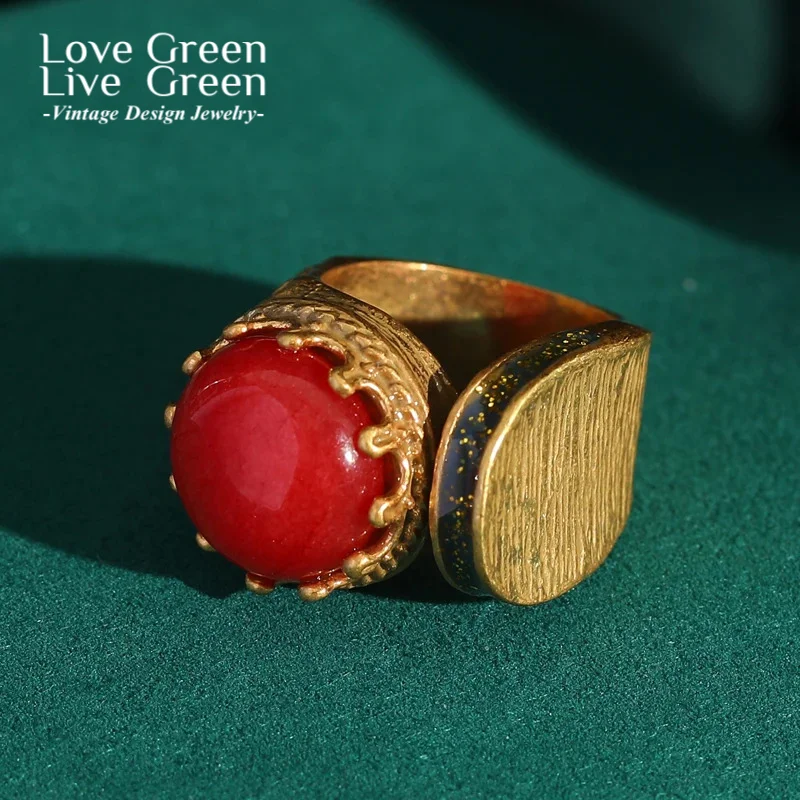 

Red Round Vintage Stone Ring Adjustable Natural Crown Antique Jewelry Gold Color Luxury Bride Accessories For Women Wedding