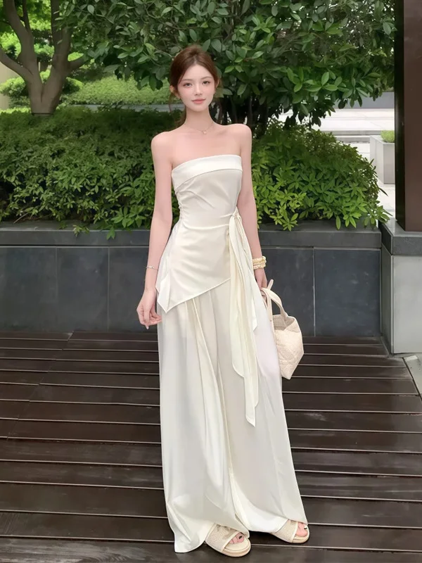 

Элегантный комплект из брюк с высокой талией и широкими штанинами, женское летнее платье миди с открытыми плечами, повседневный модный костюм-двойка 2025