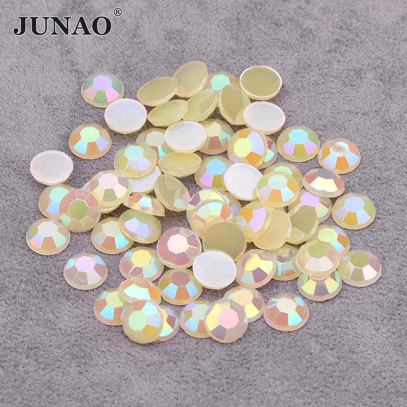 JUNAO 6 7 8 mm Yellow AB Flatback Jelly Round Rhinestone Glue On Acrylic Crystal Sticker Scrapbook Beads For DIY Decoration