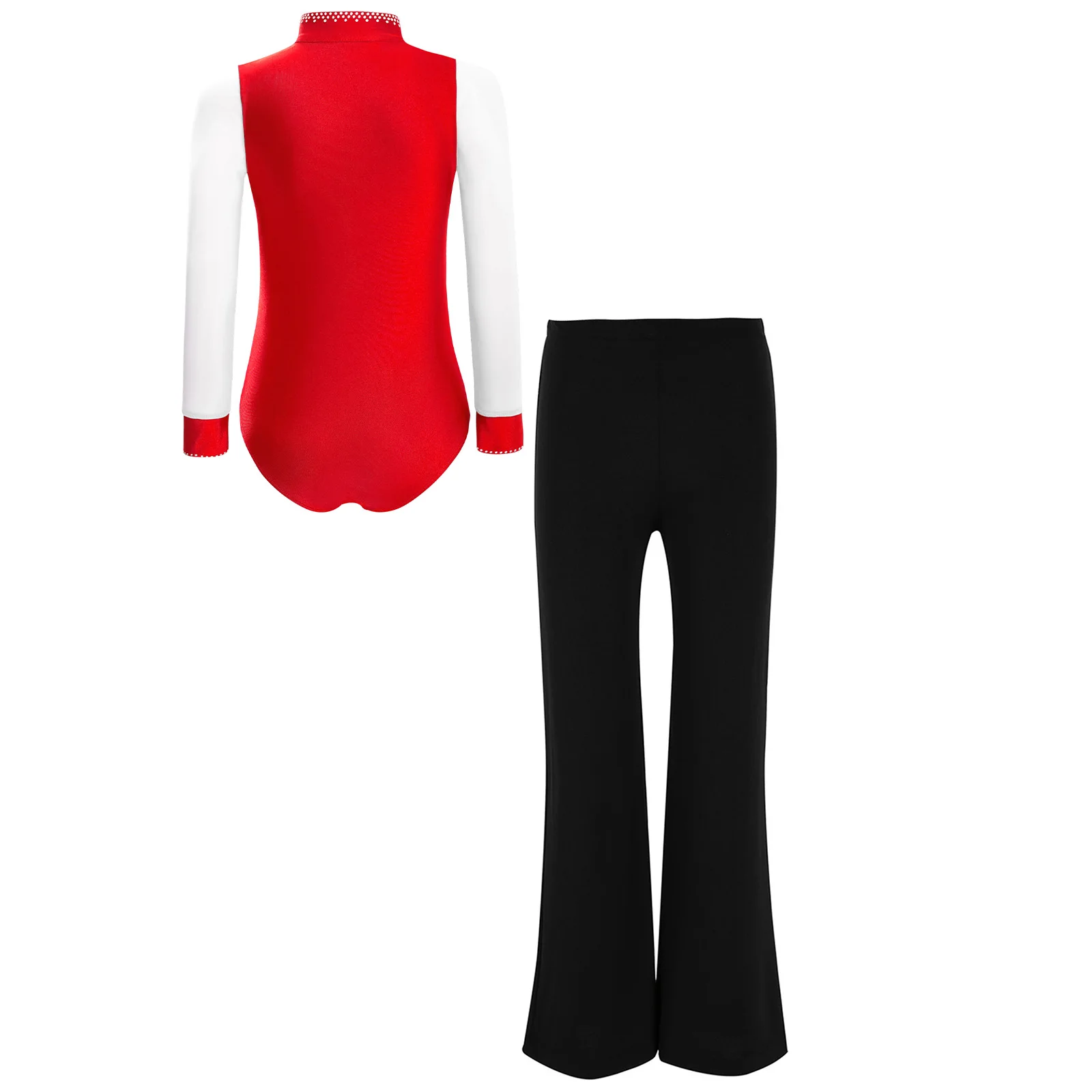 Kids Boys Figure Skating Costume Set Dancewear Sheer Mesh Long Sleeve Shiny Rhinestones Leotard with Pants for Stage Performance