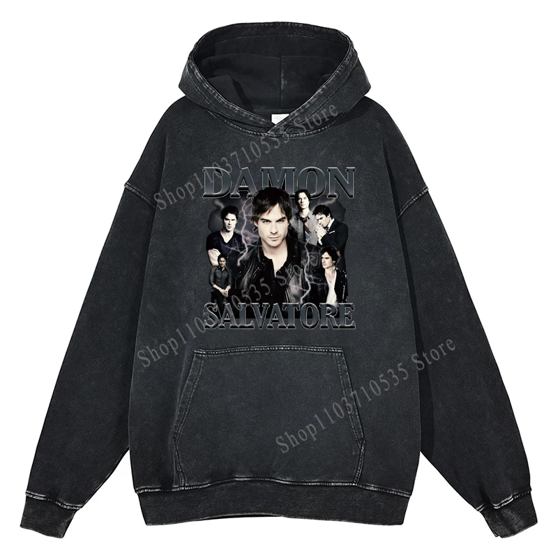 The Vampire Diaries Damon Salvatore Printed Hoodies Fashion Men Casual Harajuku Pullover Tops Vintage Cotton Oversize Sweatshirt