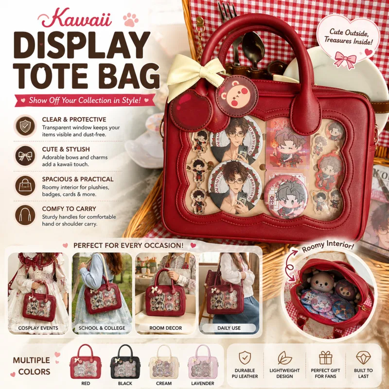 Bear Itabag Kawaii Women Handbag Cute Cherry Bowknot Clear Window Pain Bag Lolita Shoulder Crossbody Tote, Purse Itabag Gift New