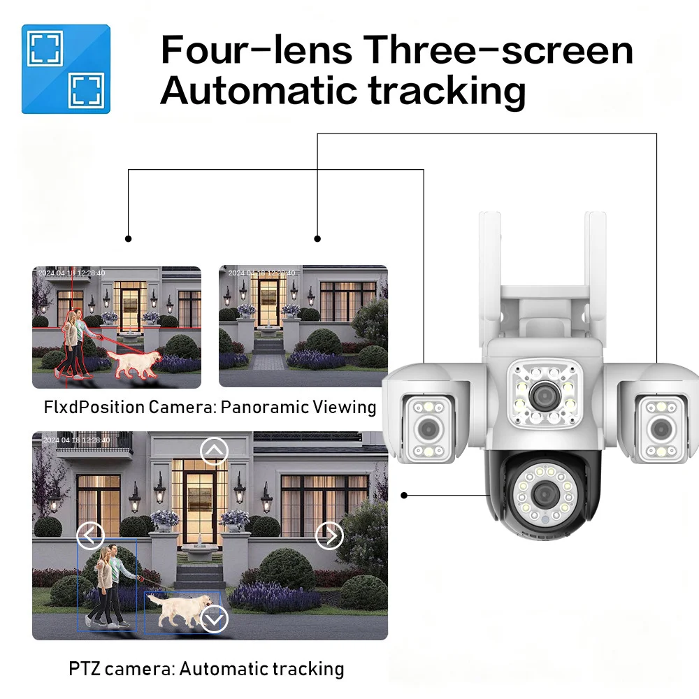 8K 15MP WiFi Surveillance Camera Four Lens Three Screen 360° PTZ IP Camera Auto Tracking CCTV Cam Wireless Surveillance Onvif