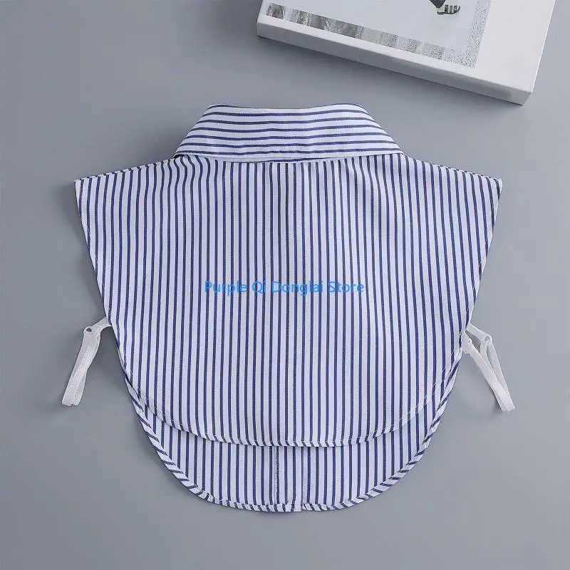 L21E Women Blue Striped Half Shirts Autumn Detachable Dickey Lapel False Collar Multifunctional Layering Crop Top for Sweater
