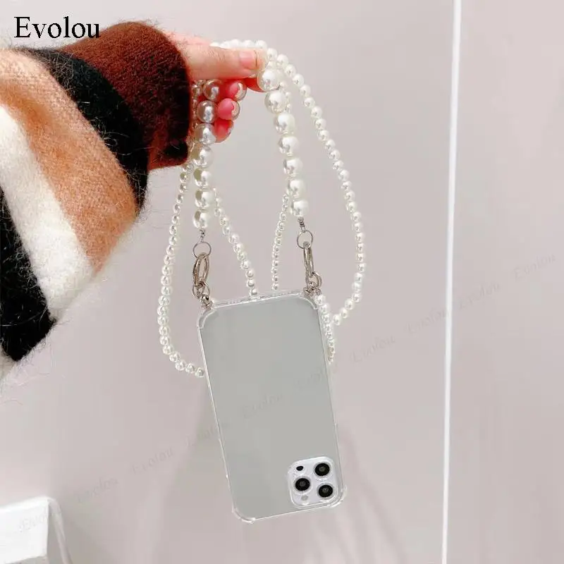 Per P60 Pro P60 Art Pearl Chain Crossbody Lanyard custodia per telefono per Huawei P50 Pro P40 Lite P30 P20 Cover posteriore in TPU trasparente