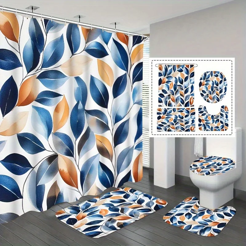 

4pc Blue and gold botanical bathroom decor, polyester fabric, shower curtain + rug + toilet seat, U-shaped mat.