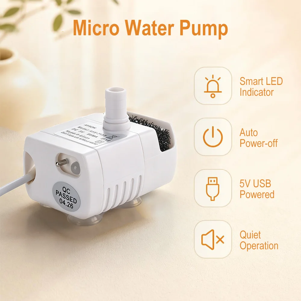 USB-Wasserpumpe DC 5V Tauchbare Mini-Pumpe für Haustier-Trinkbrunnen, Ersatzpumpe für Katzentränke mit LED-Licht und automatischer Abschaltung – Detail 2