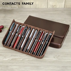 CONTACTS FAMILY Genuine Leather Large Capacity Fountain Pen Case 12 Slots Pencil Pouch Bag Writing Holder Supplies Accessories