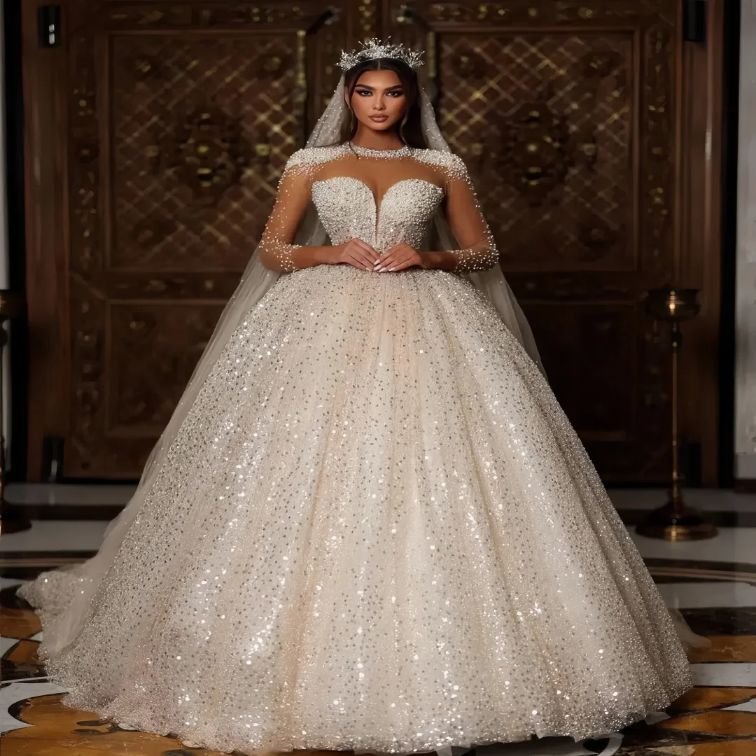 Customized Shining brightly Ball Wedding Dresses Lace Appliques Ruffles Beads Pearls Bridal Gowns Train  vestidos de novia