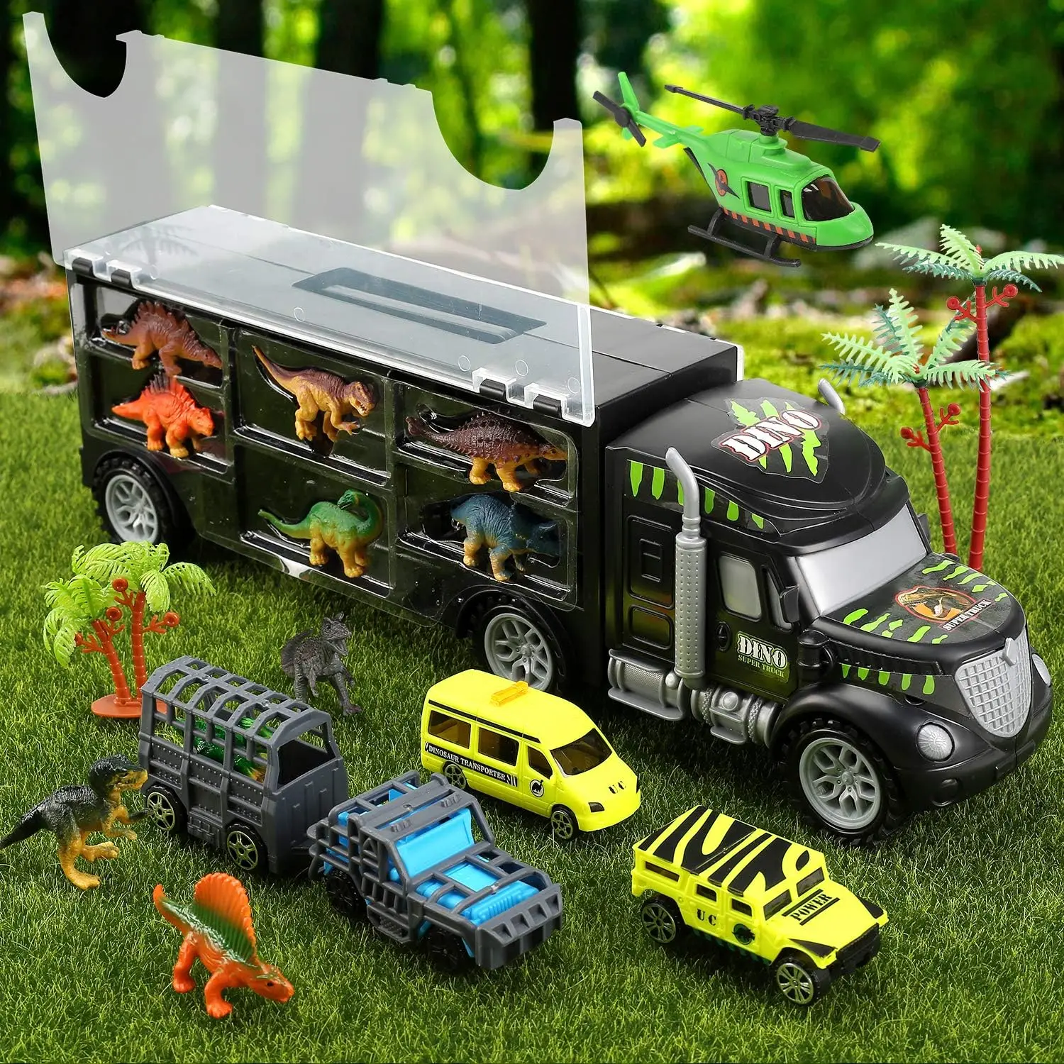 Voiture de transport D37Electrolux avec 12 mini figurines de dinosaure et 4 voitures, jouet de parc D37, cadeau de Noël pour les garçons de 3 ans et plus