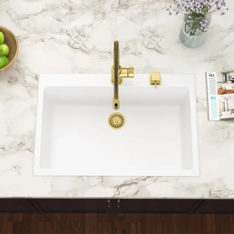 33 Inch White Kitchen Sink Drop In Granite Composite Quartz Single Bowl Topmount Large Deep Classic Sink Basin,33 x22