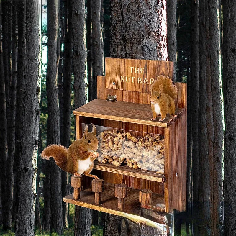 Wooden Squirrel Feeder Outdoor Bird's Nest Insect House Wooden Charcoal Burnt Squirrel Stool Bar Corn Nuts Peanuts