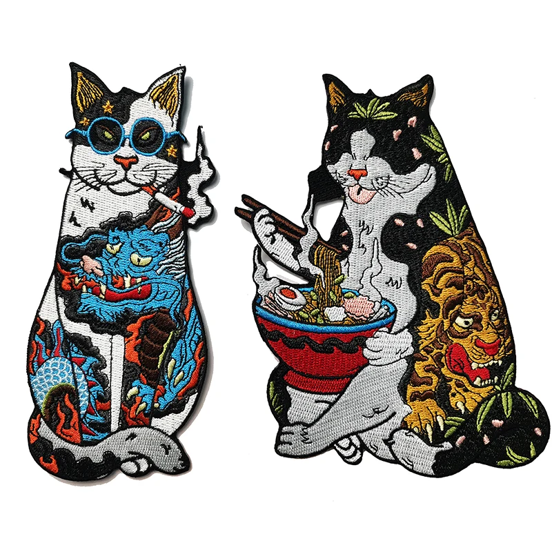 Japanese Culture Udon Noodles Patches Cool Cartoon Society Flower Cat Embroidery Patch Twill Fabric Sticker Badges For Clothing