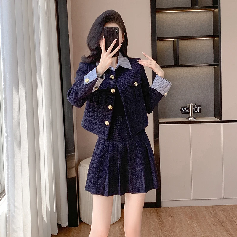 

2024 autumn winter Small Fragrance Tweed Two Piece Set Women Short Jacket Coat + Skirt Suits Korean 2 Piece Sets Women Outfit