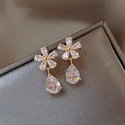 Luxury Fashion Water Drop Zircon Flower Stud Earrings for Women Exquisite Gold Color Crystal Korea Earring Jewelry Accessories