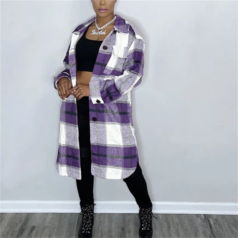 Autumn Winter Cotton Linen Warm Long Shirt Lapel Double Pockets Splice Elegant Plaid Blouse New Female Office Commuter Outerwear