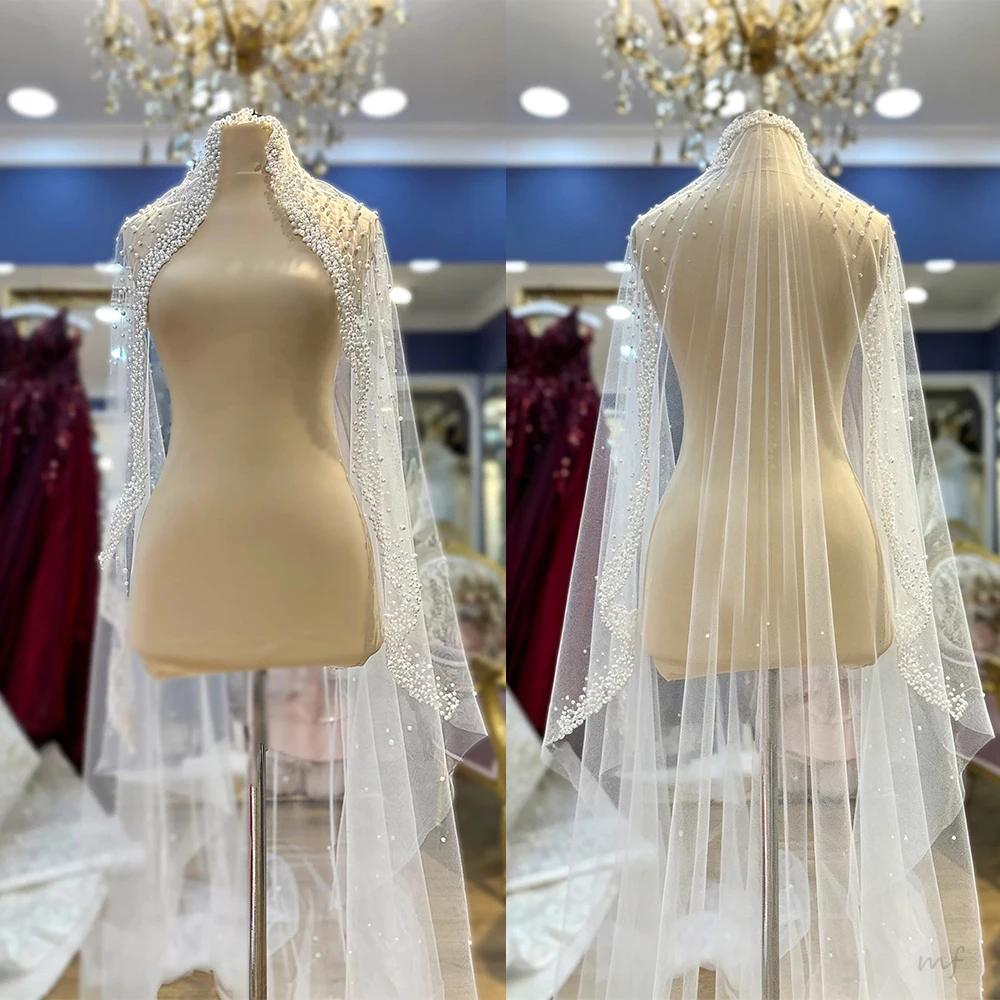 Luxury White Sheer Crystal Bridal Cape Veil  Beaded Edge and Cascading Chains Women Wedding Shoulder Wrap Customized V265394