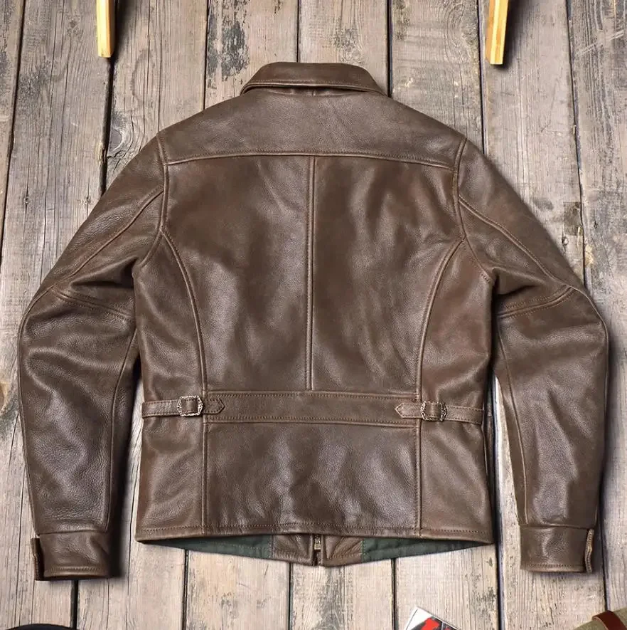 Shop Best. Chaqueta de cuero genuino Vintage marrón de los años 40 para hombre. Abrigo de piel de vaca de lujo italiano. Tela natural ajustada de calidad