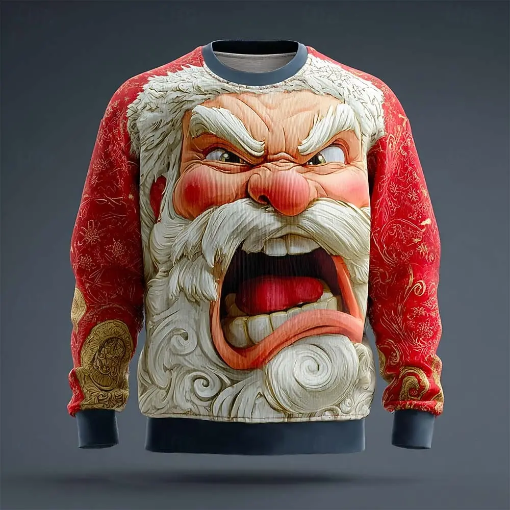 

Men's Angry Santa Claus Round Neck Sweatshirt Fashion 3D Printed Christmas Long Sleeve Pullover Loose Casual Comfortable Clothes