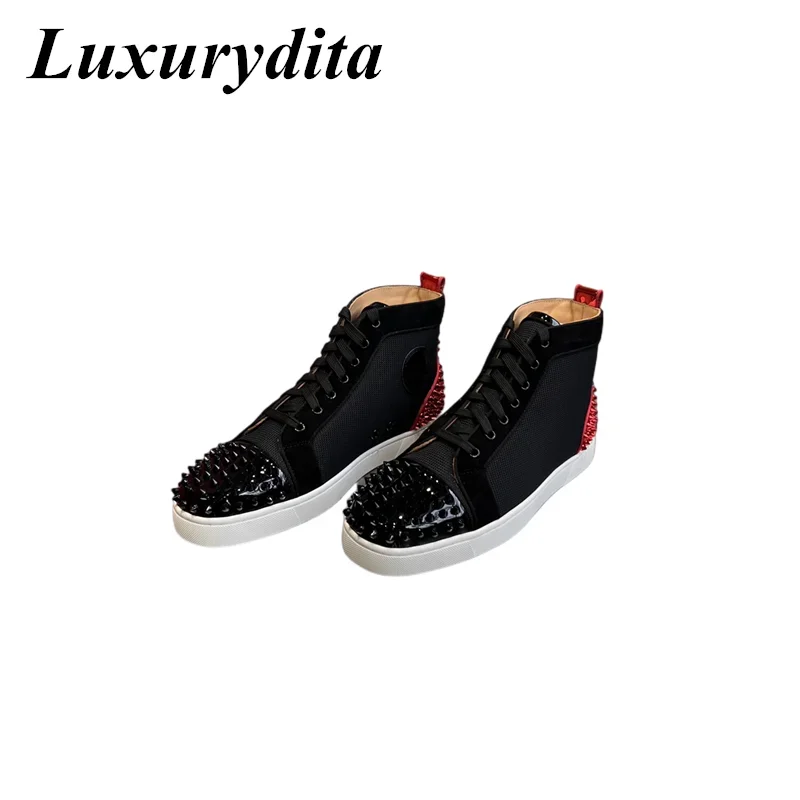 

Top Quality Womens Trendy Casual Sneakers Luxury Mens Real Leather Tennis Shoes Designr Red Sole Tide Lovers Rivet Shoes HJ0226