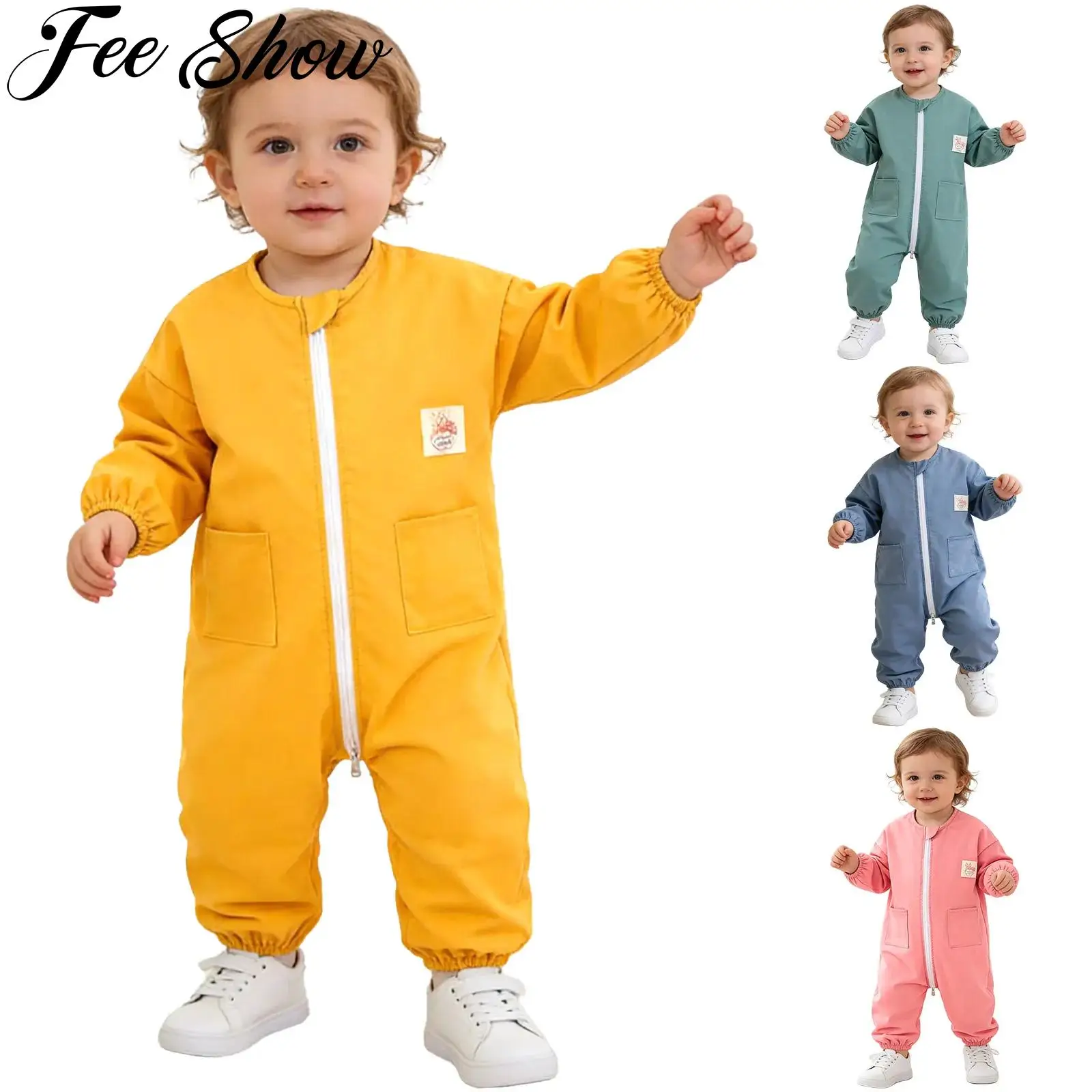 Baby Boys Girls Painting Romper Long Sleeve Zipper Jumpsuit Full-body Coverall with Pockets Feeding Drawing Park Picnic Playsuit