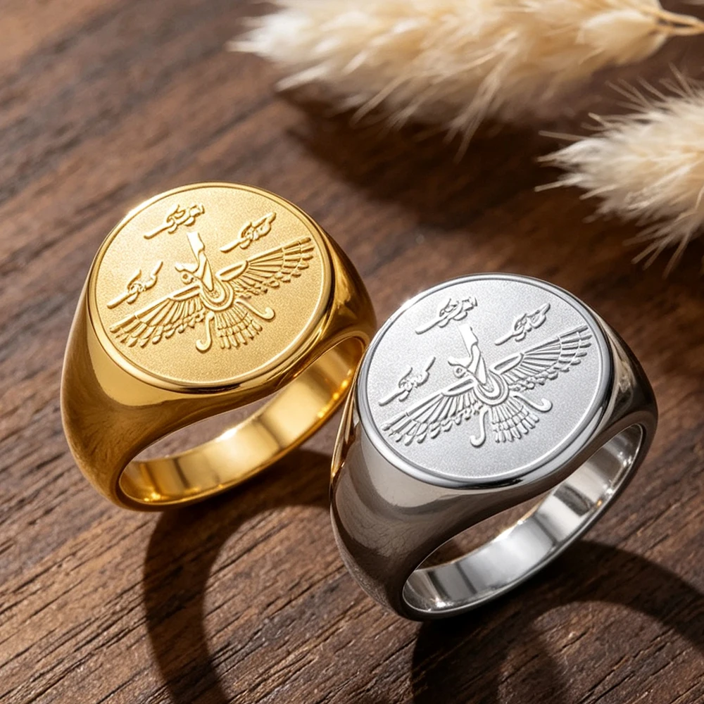 Vintage Faravahar Men Ring Ahura Mazda Symbol Ancient Persian Jewelry Spiritual Amulet Stainless Steel Iranian Jewelry