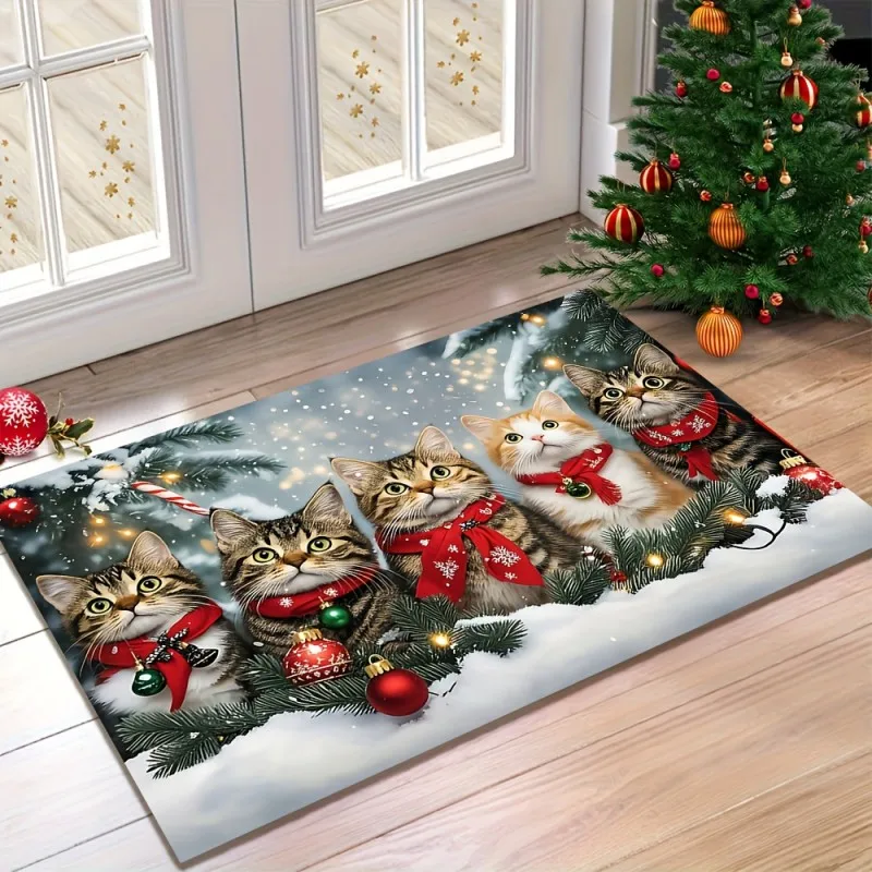 

1pc Christmas Cat Door Mat with 4 Adorable Cats in Festive Red Scarves & Snowy Pine Branches Design - Durable